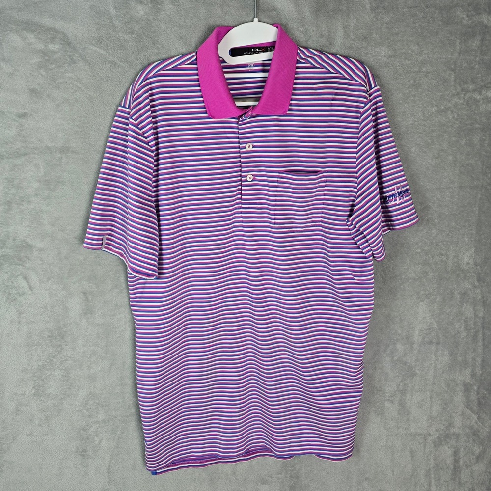 RLX Ralph Lauren Mens Striped Performance Golf Polo Shirt Purple Blue Size M